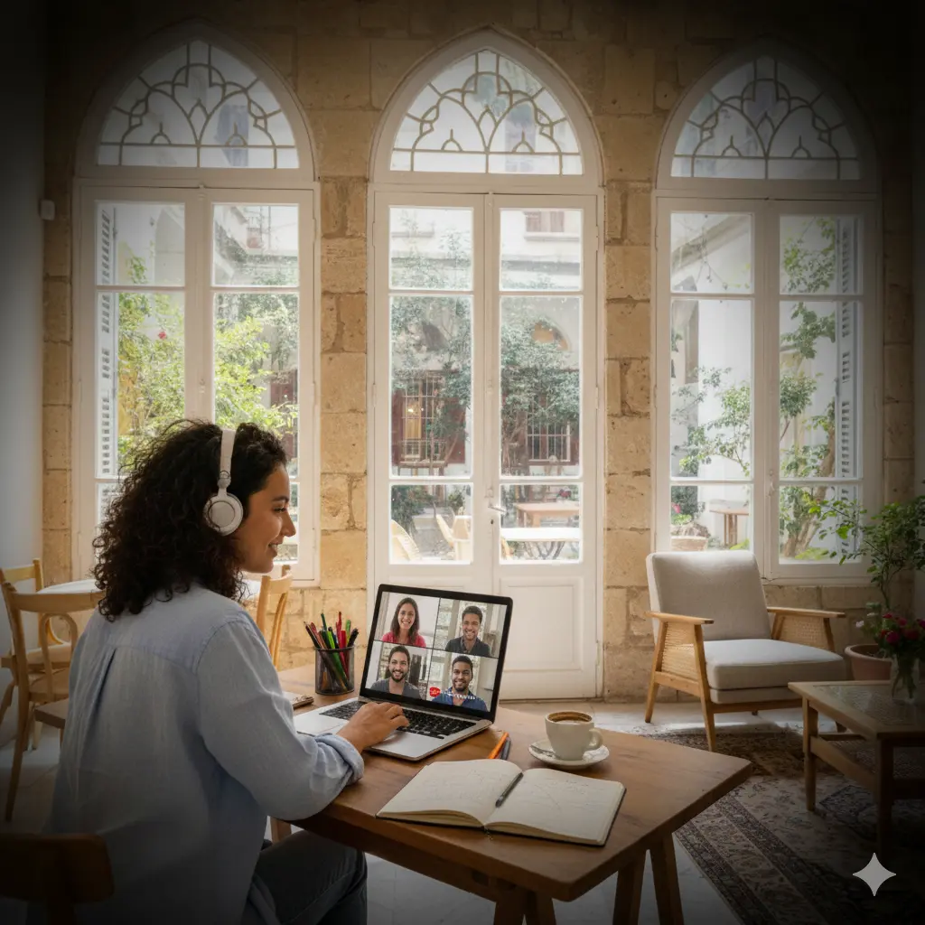 Girl sitting a traditional Lebanese architecture home, and taking an online Lebanese lesson on her laptop